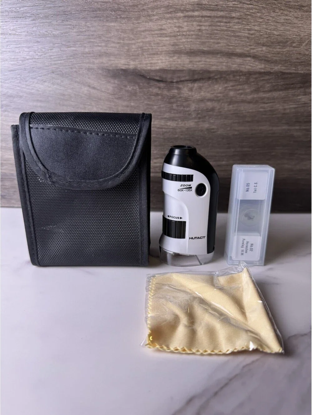 HUTACT 60X-135X LED Zoom Pocket Microscope w/ 5 Prepared Slides & Case